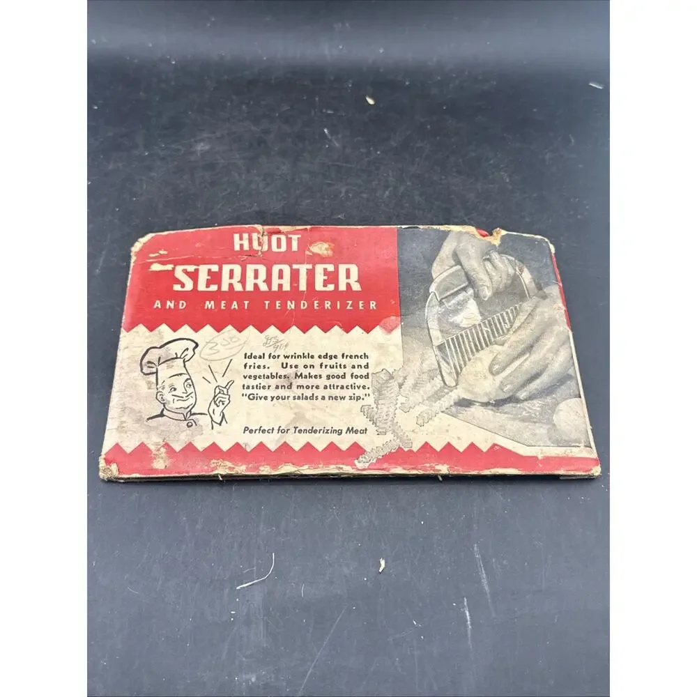 Vintage Huot Serrater & Meat Tenderizer Original Package Red Plastic Handle